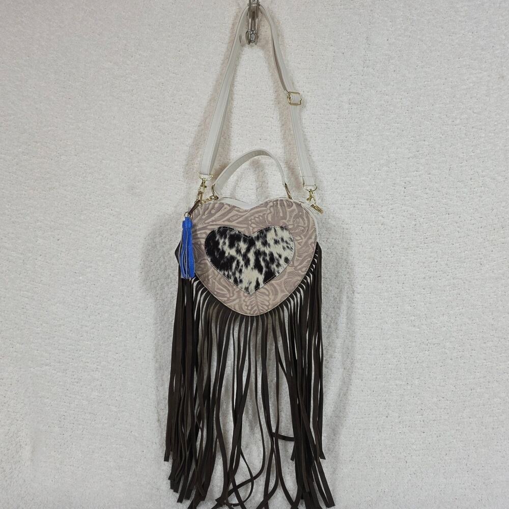 Mexican Tooled White Cowhide Leather Heart-Shaped with Fringe Crossbody Bag